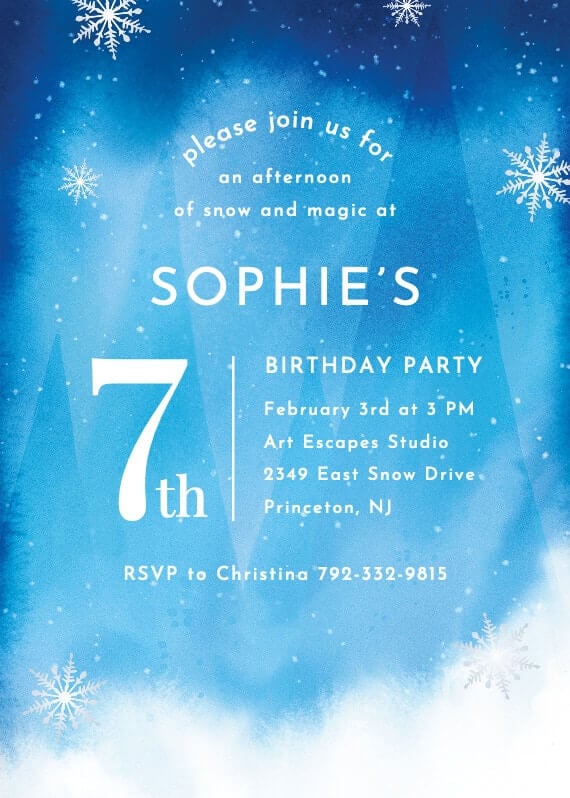 
Winter-themed birthday invitation with delicate snowflake illustrations, crisp white text, and a frosty blue background, evoking a chilly and festive atmosphere for the celebration.