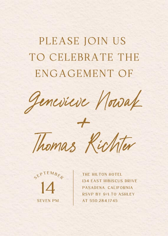 Understated and chic engagement party invitation featuring brown text on a cream background, radiating simplicity and elegance