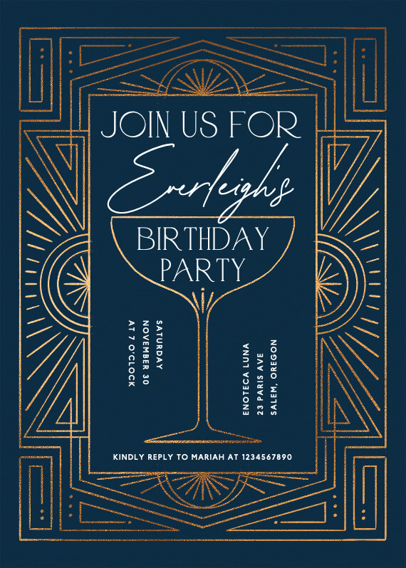 Join us for a Gatsby-style birthday party, featuring a stylish invitation with a sophisticated martini glass line drawing and an ornamental border, setting the tone for an elegant and glamorous celebration.