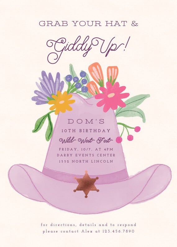 Lively birthday party invitation with a "Giddy Up" theme, showcasing a charming illustration of a cowboy hat adorned with flowers, setting the tone for a fun and festive celebration.