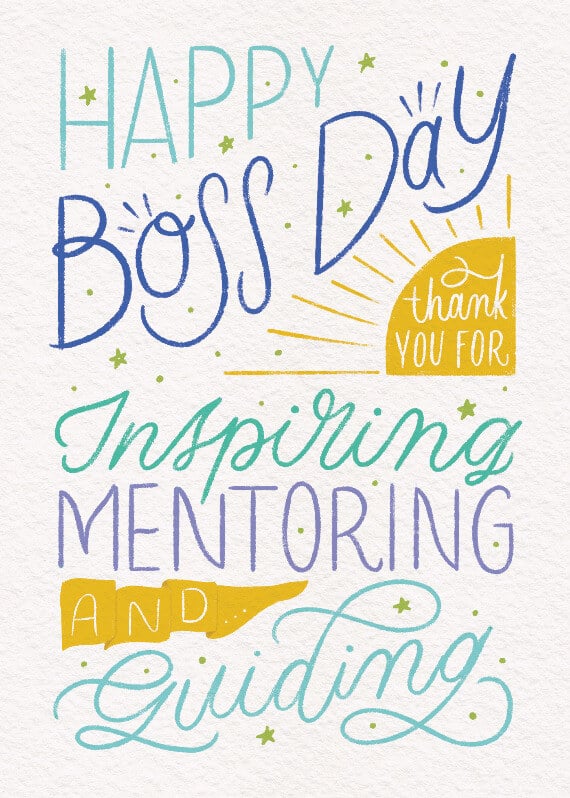 "Sunshine in Leadership" - Happy Boss Day card featuring a warm sun illustration and thoughtful typography, expressing gratitude for your exceptional leadership.