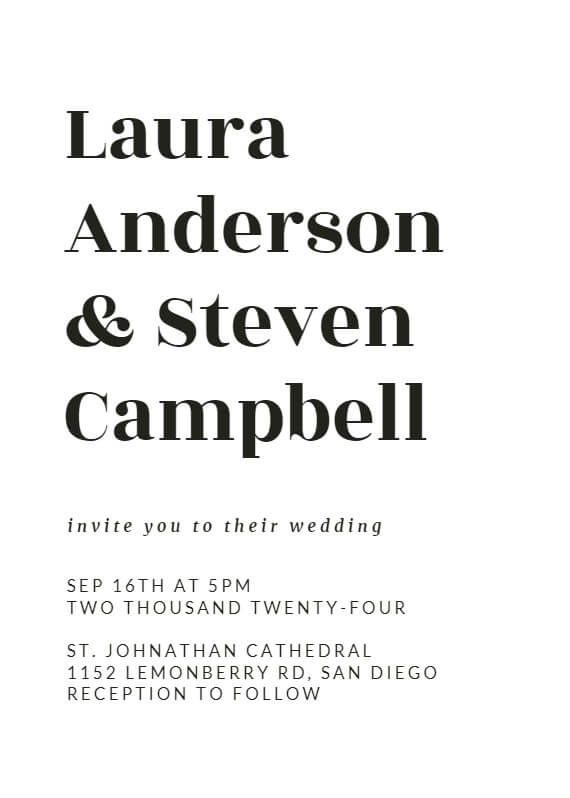 wedding invite in black and white using typography bold text
