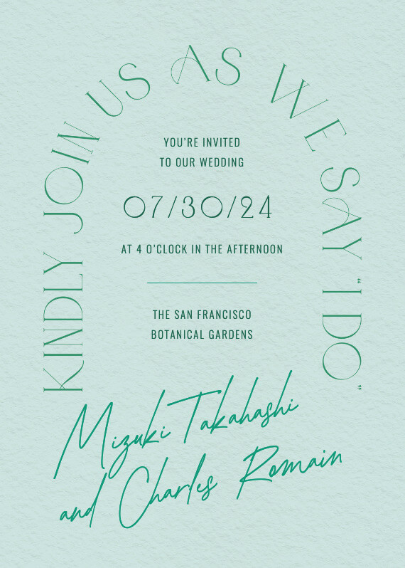 Minimalist wedding invitation with a serene light green background, complemented by tasteful dark green text and simple yet elegant typography.