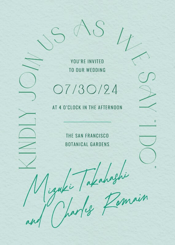 Minimalist wedding invitation with a serene light green background, complemented by tasteful dark green text and simple yet elegant typography.