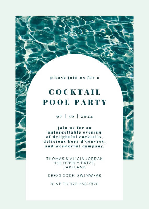 Vibrant cocktail pool party invitation set against a captivating water-themed backdrop.