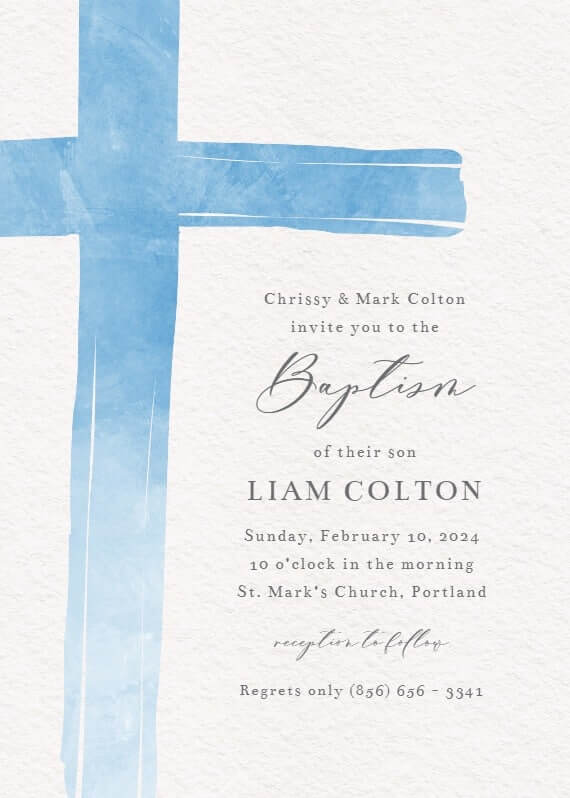 
Serene and artistic baptism invitation featuring a watercolor brush stroke blue cross, elegantly capturing the spiritual essence of the occasion with a touch of creative flair.