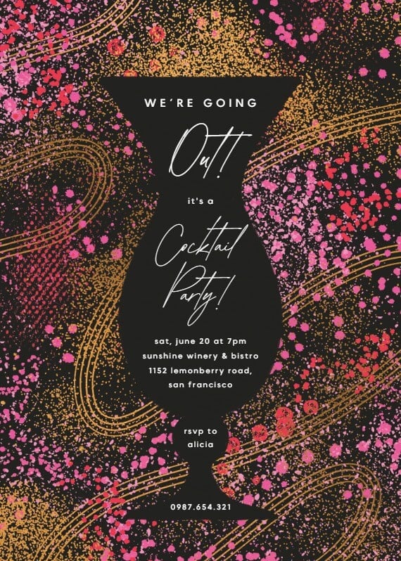 Invitation to a vibrant cocktail party exclaiming "We're Going Out!" against a graffiti background, with text creatively displayed inside the silhouette of a cocktail glass, setting the mood for a lively and stylish gathering.