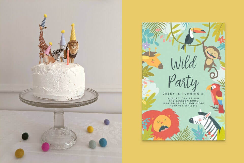 Wild One First Birthday Invitation: Jungle Illustration with Monkey, Parrot, Zebra, Lion, and Giraffe. On the Reverse Side, a Party Animals Birthday Cake Sets the Festive Tone.