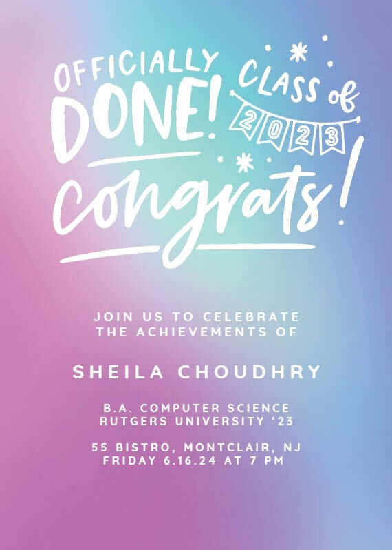 Vibrant graduation party invitation adorned with a beautiful gradient of pink, green, and purple hues, creating a captivating backdrop for the crisp white text, embodying the excitement of the occasion.