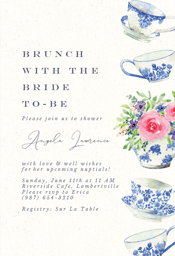 Invitation to the bride-to-be's elegant bachelorette brunch adorned with delicate teacup motifs and floral accents, exuding simplicity and sophistication.