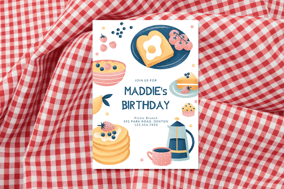 Maddie's birthday invitation unfolds, showcasing a delightful brunch picnic spread. Fluffy pancakes, a towering cake, steaming tea, and a sunny-side-up egg on toast, all against a festive red and white checkered backdrop.