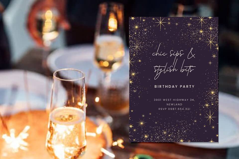 Golden stars illuminate an invitation adorned with "Chic Sips and Stylish Bites" for a birthday celebration. A picnic setting shimmers with lit candles, glistening champ