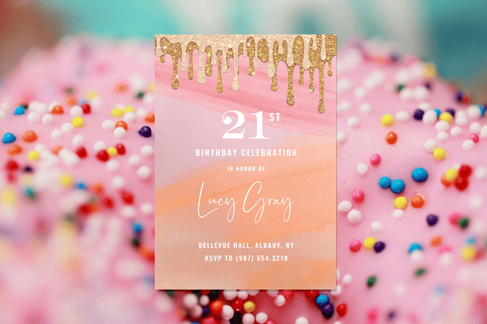 Sweet treats await! A birthday invitation, featuring a pink and orange gradient with sparkly gold drippings, rests on a background of delicious ice cream