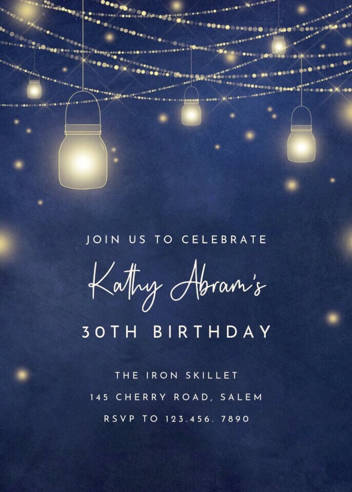 Radiant golden lights illuminating a midnight blue canvas resembling a star-studded night sky, with elegant white text sparkling like stars. A charming birthday invitation for a delightful picnic celebration.