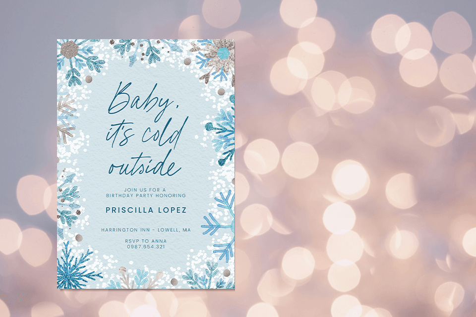 Embrace the winter wonderland! A birthday invitation, adorned with playful snowflakes on a light blue background