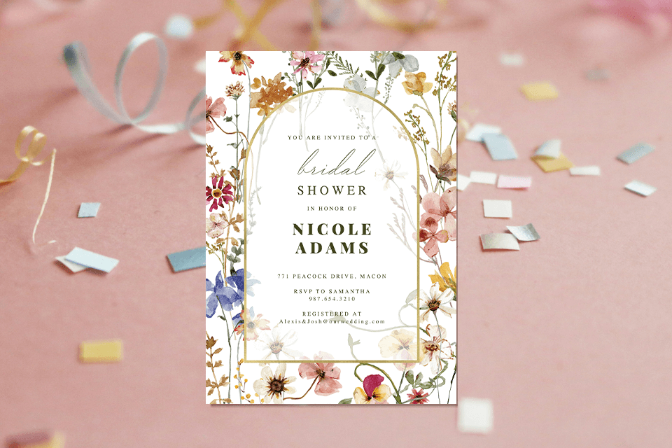 An exquisite bridal shower invitation adorned with delicate flower illustrations, framed by a lavish golden border. The elegant black text, accented by a white overlay background, radiates sophistication. Set against a backdrop of vibrant confetti