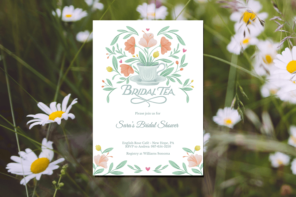 Bridal tea party shower invitation featuring an elegant illustration of a delicate teacup adorned with flowers, set against a backdrop of serene white blossoms in a tranquil meadow. Embracing light colors and a clean, minimalist design