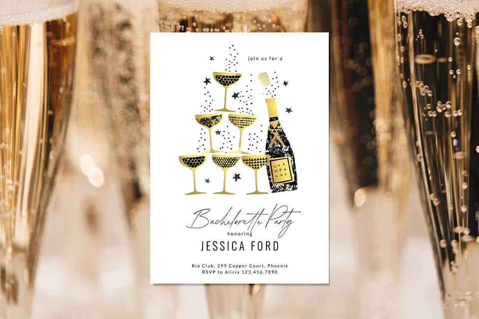 Lively bachelorette party invitation featuring an artistic rendering of champagne bottles and glasses stacked in celebration
