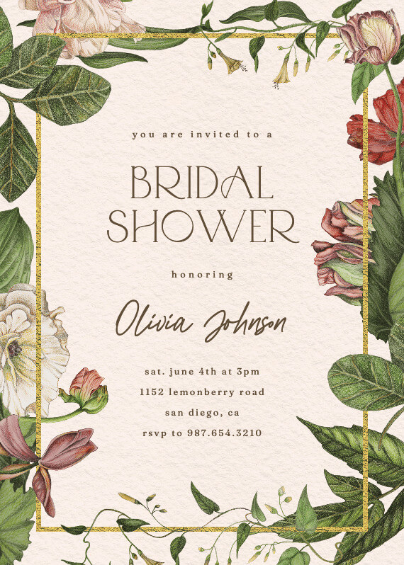 Bridal shower invitation adorned with a delicate border of lush green leaves and vibrant blossoms, evoking a charmingly feminine and refreshing spring ambiance