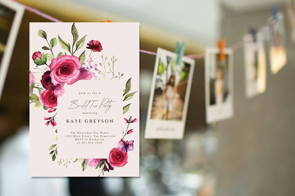Bridal Tea Party Invitation: Adorned with charming illustrations of red roses, symbolizing love and romance. Set against a backdrop of an instant photograph hanging
