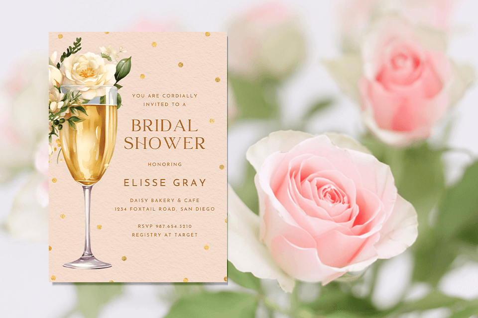 Bridal Shower Invitation: A sophisticated design in light cream featuring delicate champagne glasses entwined with cream roses, set against a backdrop of soft pink roses. Image in an article about Bridal Shower games