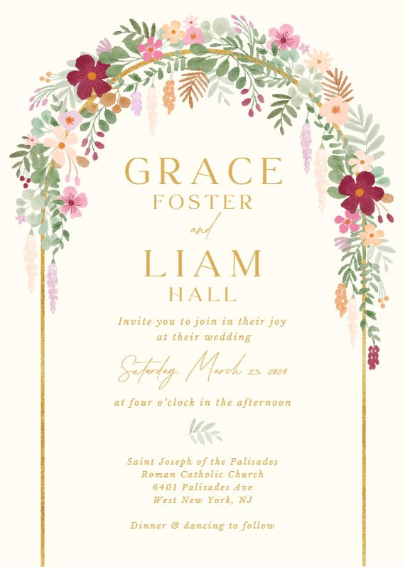 Wedding invitation featuring an exquisite illustration of a floral arch, blooming with the promise of love and celebration.