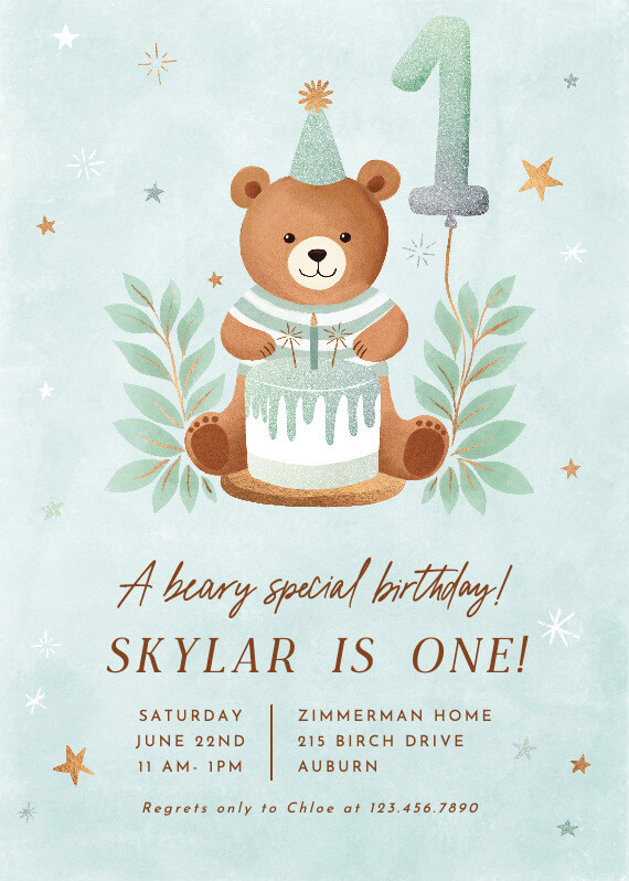 Glitter Bear Birthday Invitation crafted by Tati Abaurre. Adorned with an adorable illustration of a teddy bear beside a festive birthday cake, complete with a balloon-shaped number 1. Invitation details elegantly presented below the charming artwork.