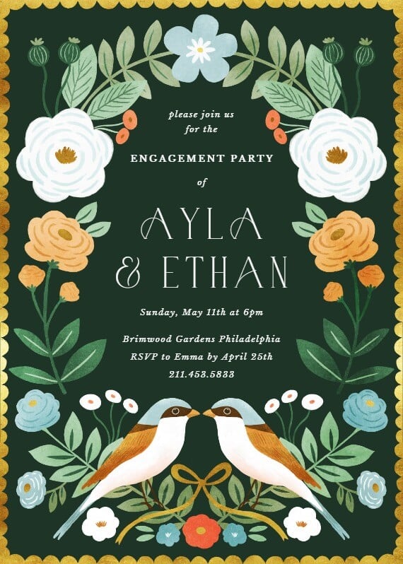 Love Birds Wedding Invitation showcasing a tender illustration of two birds sharing a kiss within a charming wreath of flowers, set against a backdrop of deep, verdant green.