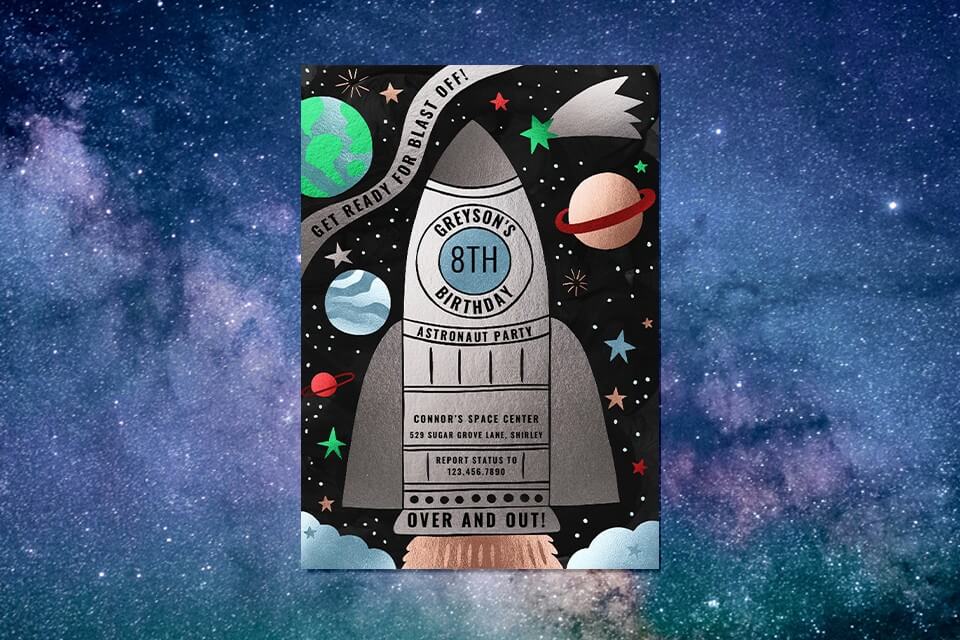 Birthday invitation for a space-themed celebration featuring a dynamic spaceship illustration soaring among distant planets. This cosmic design promises an out-of-this-world adventure for all attendees.