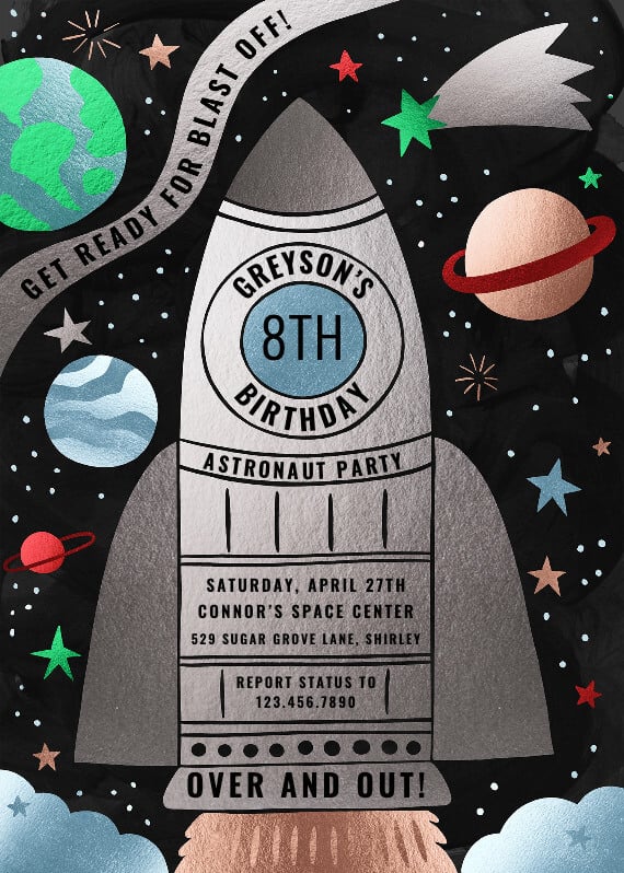 Birthday invitation featuring a captivating space theme. An illustration of a rocket soaring amidst planets and stars against a striking black backdrop.