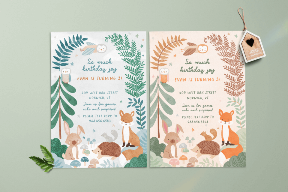 Birthday invitation with a whimsical woodland animal theme. Vibrant illustrations of various forest creatures adorn the design in two distinct color palettes.