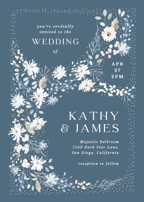 Captivating wedding invitation featuring charming floral illustrations delicately placed on a teal background, radiating simplicity and elegance, perfect for celebrating love's timeless journey