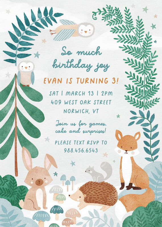 Birthday invitation capturing the enchantment of the woodland, featuring a delightful array of forest creatures including a fox, rabbit, hedgehog, owl, and bird amidst a serene woodland ambience illustration.