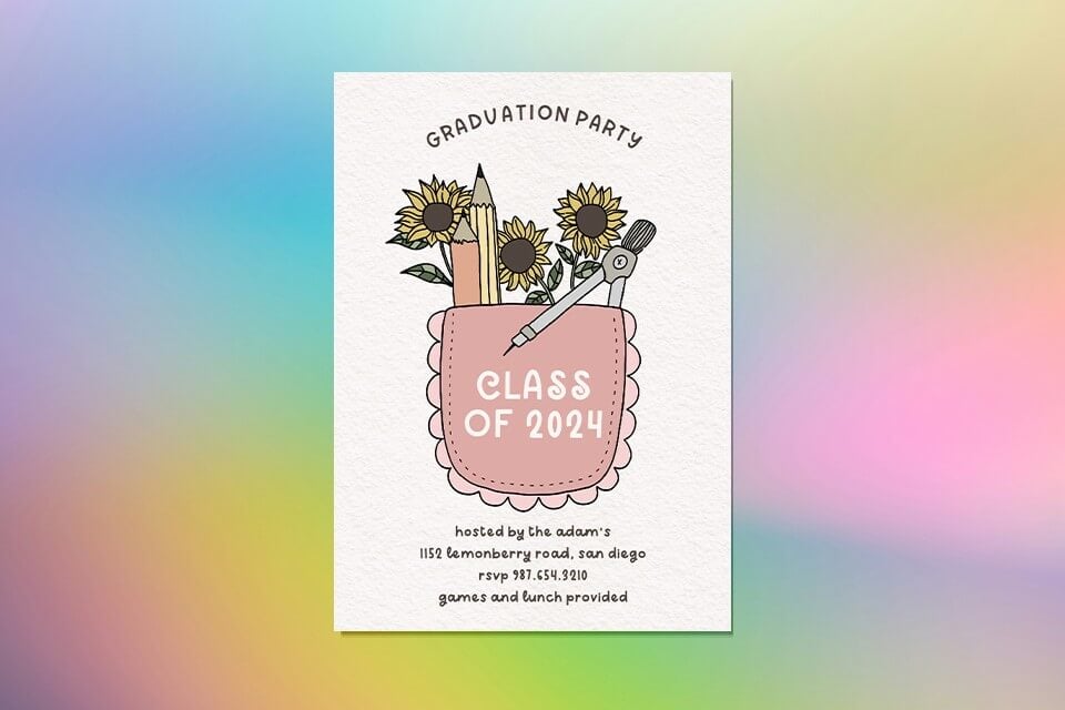 Graduation party invitation featuring a stylish pocket illustration adorned with 'Class of 2024' inscription. Inside the pocket, pens, compass, and sunflowers add a touch of scholarly charm and natural elegance.