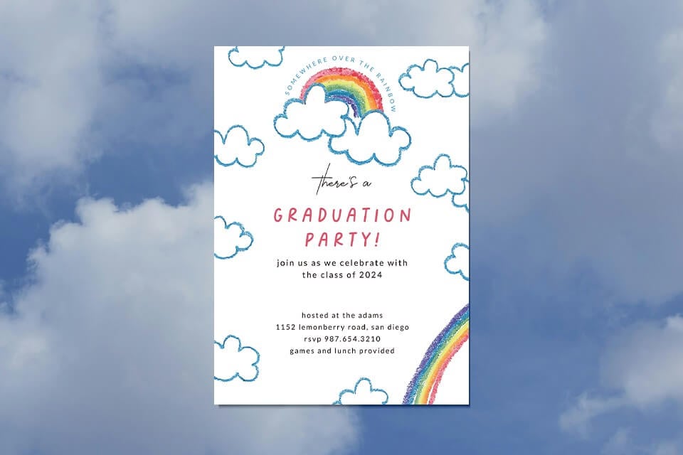 A whimsical preschool graduation party invitation adorned with charming crayon-like drawings of fluffy clouds and a vibrant rainbow.