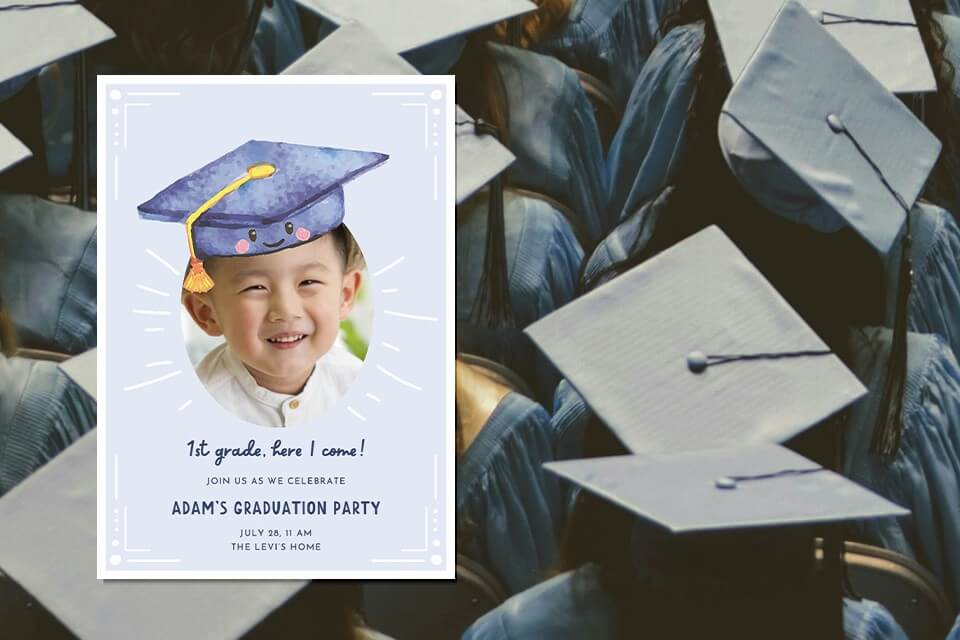 A delightful portrait of a young boy wearing a graduation cap, featured on the invitation for a preschool graduation party.