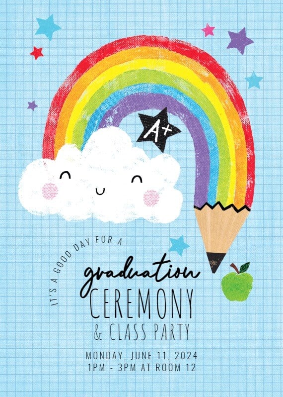 Preschool graduation invitation showcasing a vibrant pencil drawing in rainbow colors alongside a cheerful, smiling cloud.