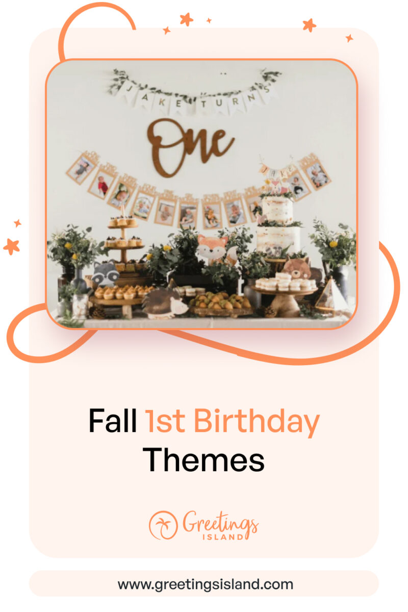 Fall First Birthday Themes Pinterest banner for ‘Easy and Adorable 1st Birthday Fall Themes’ featuring a beautifully arranged birthday party table. The table showcases a woodland-themed cake, surrounded by cupcakes and decor with woodland animals like a fox and owl. Above the table, a garland spells out ‘One’ with photos from the first year displayed on a string, set against a warm and inviting background,