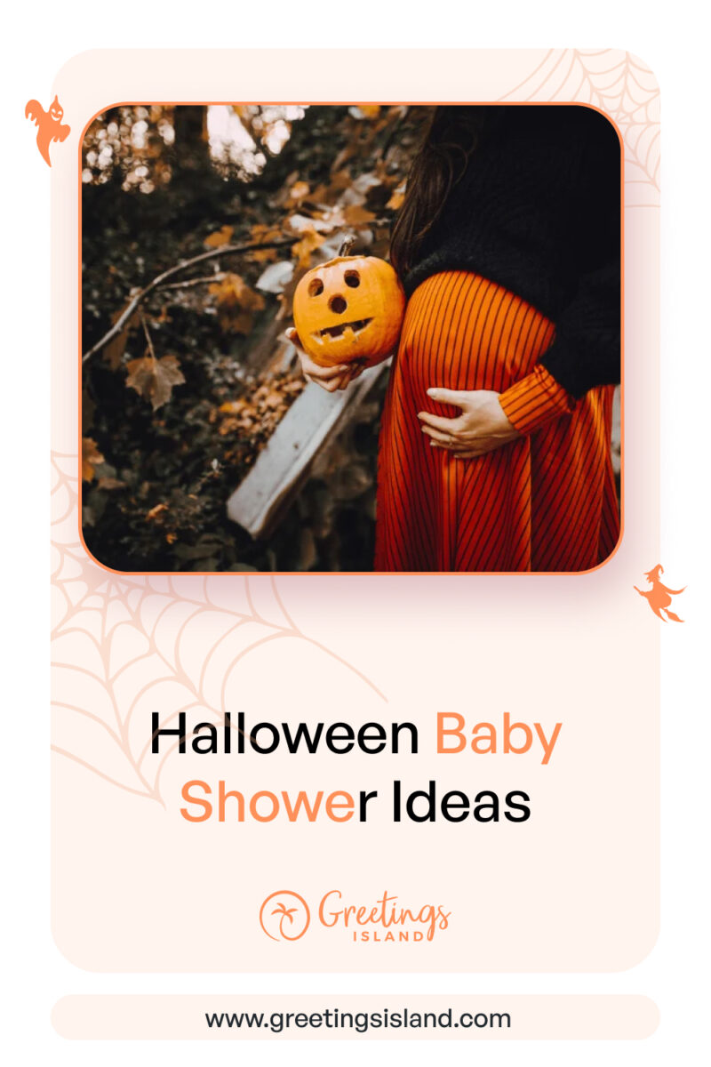 Halloween Baby Shower Ideas Pinterest banner for a blog post titled ‘Ultimate Guide to Halloween Baby Shower Ideas for 2024,’ featuring an image of a pregnant woman holding a carved pumpkin while cradling her belly, surrounded by autumn foliage.