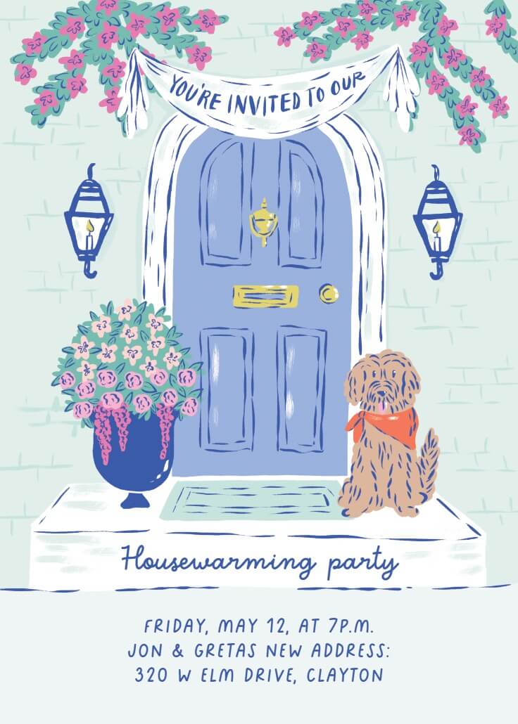Charming housewarming invitation designed by Krissy Mast, featuring an illustrated blue front door with floral decorations and a cozy dog accent, creating a warm and inviting design for new homeowners.