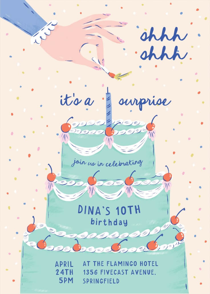 urprise birthday party invitation designed by Krissy Mast, featuring a whimsical hand-drawn cake with cherries and playful pastel confetti. The design exudes fun and festivity, perfect for a surprise celebration.