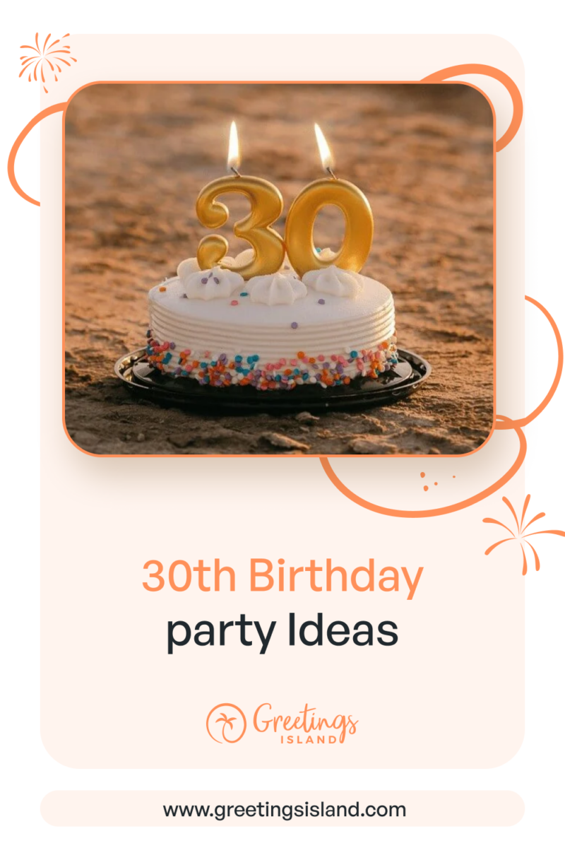 30th Birthday Party Birthday party ideas banner featuring a white frosted cake decorated with colorful sprinkles and golden “30” candles lit on top, with “30th Birthday Party Ideas” text and Greetings Island logo.