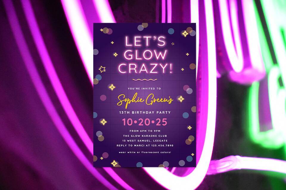 Neon-themed 13th birthday party invitation with the headline “Let’s Glow Crazy!” in glowing pink letters, set against a dark purple background with scattered stars and dots, placed over a neon-lit backdrop with pink and green lights.