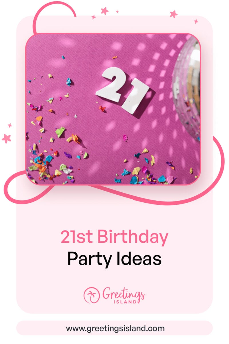21st Birthday Party Ideas Pink birthday-themed flat lay with a large white “21” number, colorful confetti scattered across the surface, and a shimmering disco ball casting light reflections—perfect for highlighting next-level 21st birthday celebration ideas.