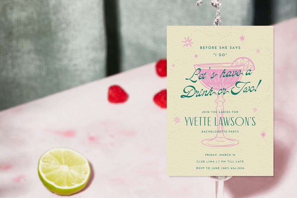 lets-have-a-drink-martini-bachelorette-invite (1) Stylish bachelorette party invitation card with a vintage pink and green design, featuring a margarita glass illustration and playful script that reads “Let’s have a drink or two!” Set against a pastel background with raspberries, lime, and a soft splash, creating a fun cocktail vibe.