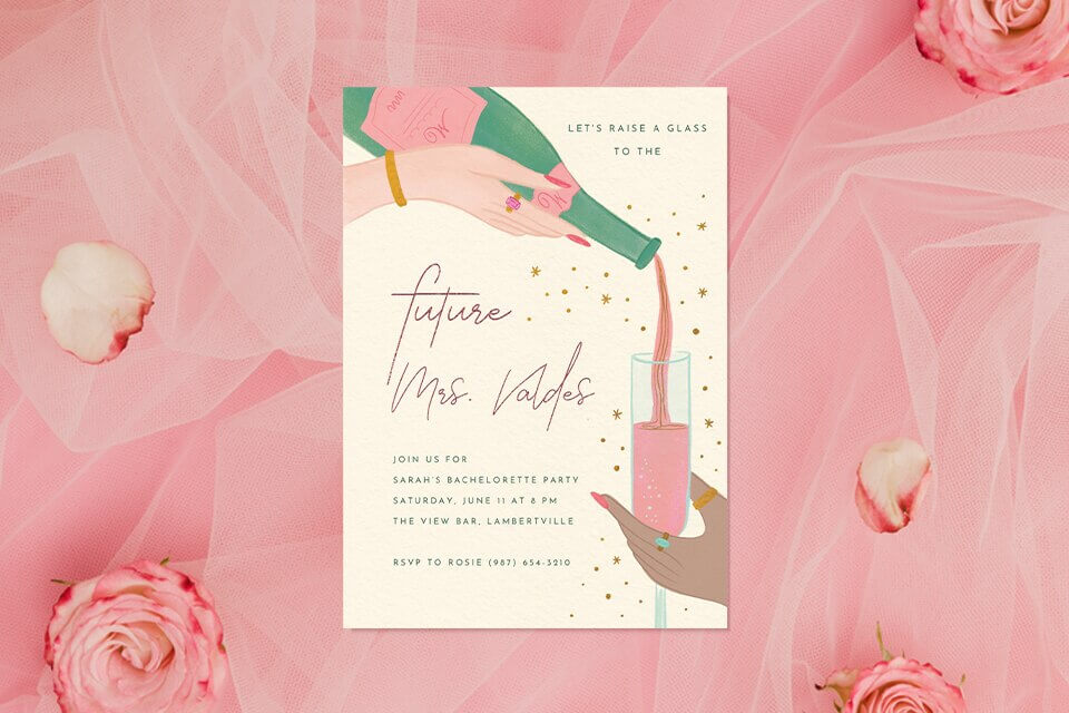 pouring-champagne-bachelorette-weekend-invite (1) Illustrated bachelorette party invitation featuring a hand pouring champagne into stacked glasses, with playful text and details for a celebration weekend.