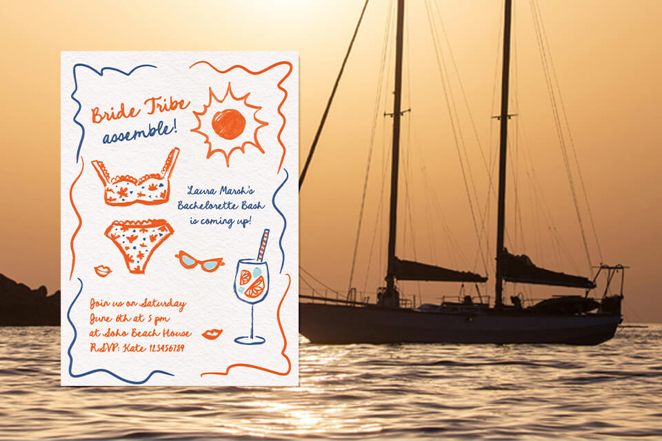 sunset-boat-cruise-bachelorette-invite Hand-drawn beach-themed bachelorette party invitation featuring a playful orange and blue bikini, sunglasses, sun, cocktail, and lipstick kiss illustrations. The invite text announces “Laura Marsh’s Bachelorette Bash” at a beach house, set against a background of a sunset cruise with a sailboat silhouetted on the water.