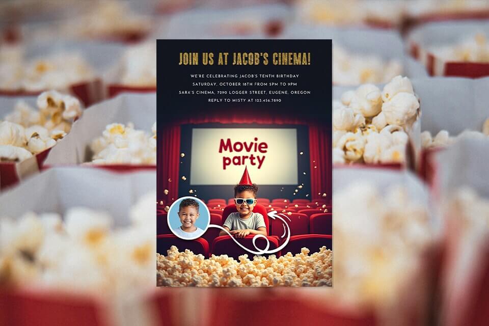 movie-party-birthday-popcorn-invite-magic-photo (1) Movie-themed birthday party invitation featuring a boy in sunglasses and party hat sitting in a theater with popcorn, with a big screen showing “Movie Party” text.