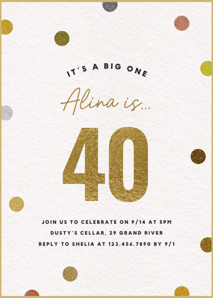 Minimalist white birthday invitation with scattered gold, silver, and copper confetti dots, featuring the text ‘Alina is 40’ in large gold lettering.
