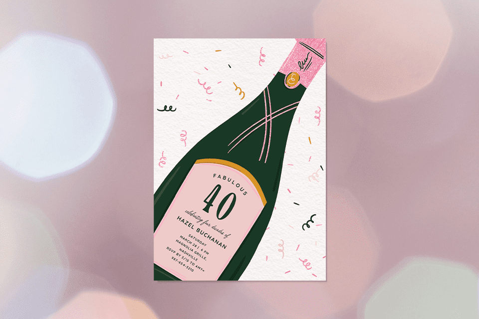 new-40-and-fabulous-birthday-invite-champagne-(1) Illustrated 40th birthday invitation featuring a pink-labeled champagne bottle tilted diagonally with confetti scattered across a white textured background.